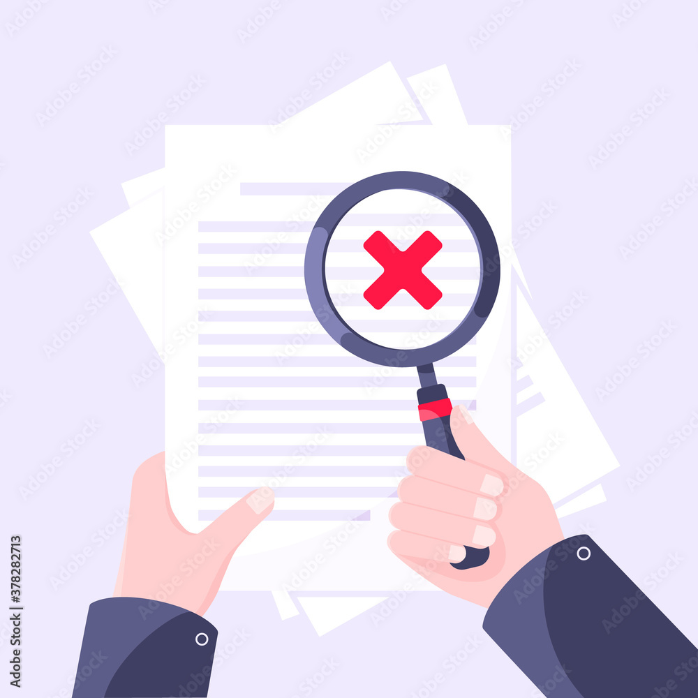 Rejected document verification concept with hand and magnifier, paper sheets and green check mark tick on it. Success verification business concept flat style design vector illustration. Rejected document verification concept with hand and magnifier, paper sheets and green check mark tick on it. Success verification business concept flat style design vector illustration.