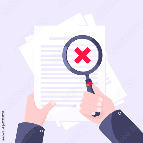 Rejected document verification concept with hand and magnifier, paper sheets and green check mark tick on it. Success verification business concept flat style design vector illustration.