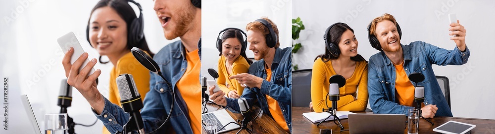 collage of broadcaster using smartphone and taking selfie near asian colleague in wireless headphones, website header collage of broadcaster using smartphone and taking selfie near asian colleague in wireless headphones, website header