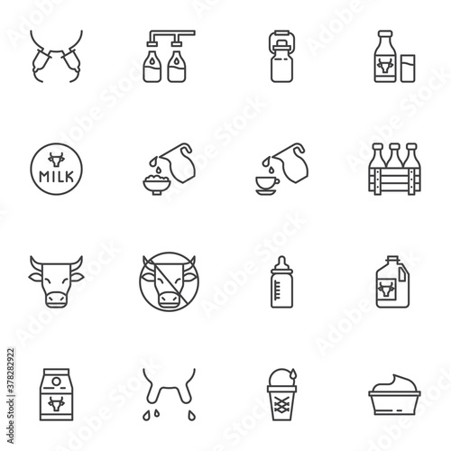 Dairy food line icons set, outline vector symbol collection, linear style pictogram pack. Signs, logo illustration. Set includes icons as cow milk bottle, ice cream, sour cream, cow udder