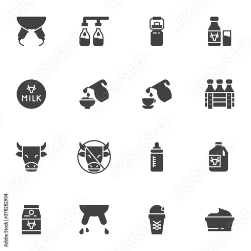 Dairy food vector icons set, modern solid symbol collection, filled style pictogram pack. Signs, logo illustration. Set includes icons as cow milk bottle, ice cream, sour cream, cow udder