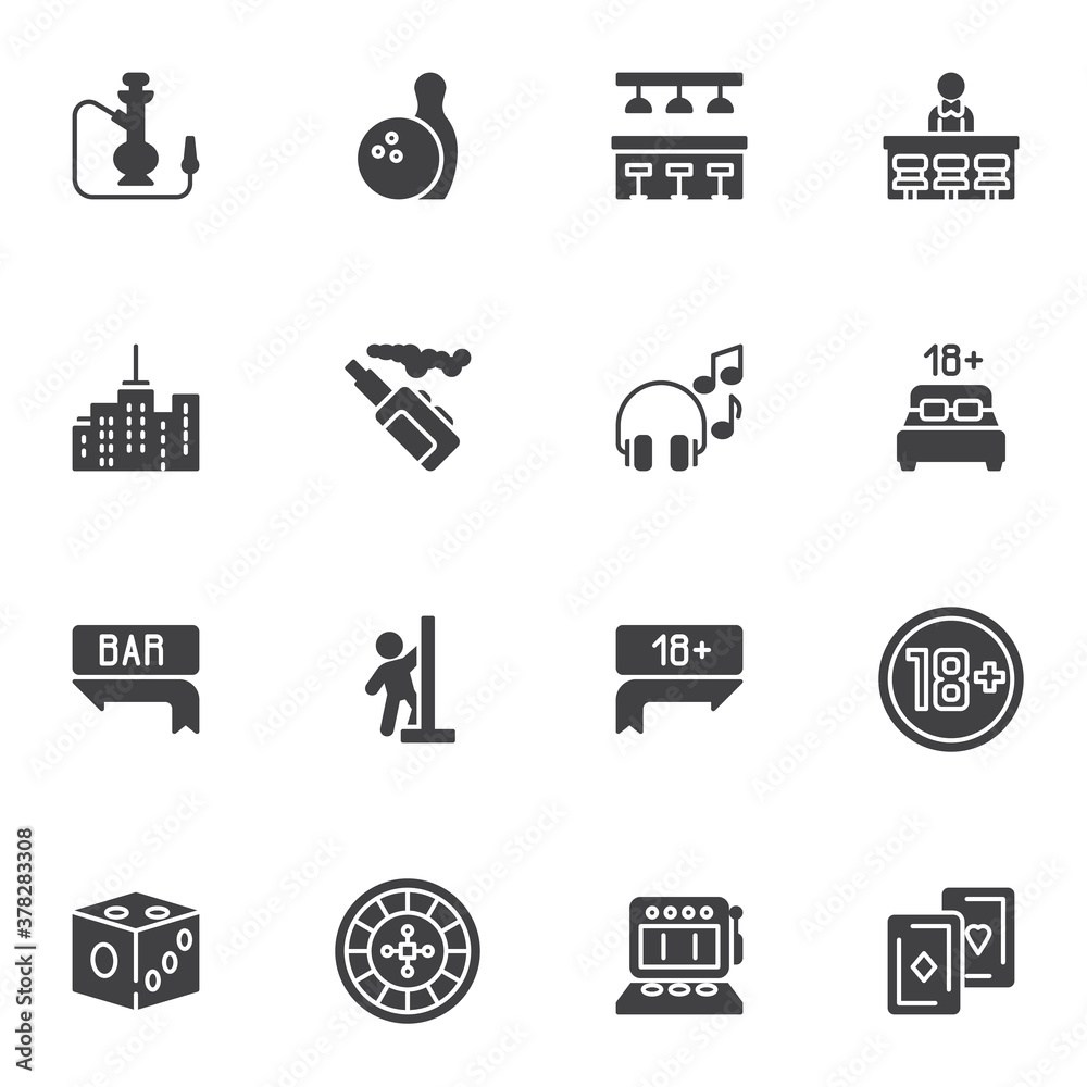 Nightlife party vector icons set, modern solid symbol collection, filled style pictogram pack. Signs, logo illustration. Set includes icons as pub bar, casino gambling, city buildings, hookah Nightlife party vector icons set, modern solid symbol collection, filled style pictogram pack. Signs, logo illustration. Set includes icons as pub bar, casino gambling, city buildings, hookah