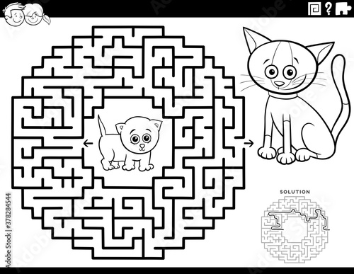 maze game with kittens coloring book page