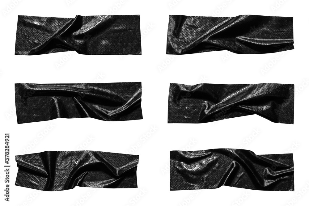 Black wrinkled adhesive tape isolated on white background. Black Sticky scotch tape of different sizes. Black wrinkled adhesive tape isolated on white background. Black Sticky scotch tape of different sizes.