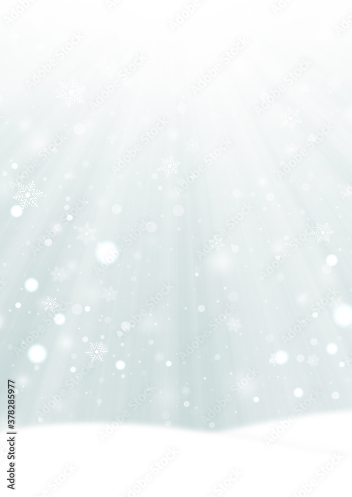 光芒と雪の結晶とふわふわの雪が降る雪原の風景　背景素材（銀色）縦
