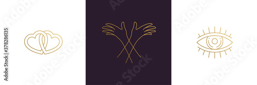 Vector line elegant decoration design elements set - eye and female gesture hands illustrations minimal linear style