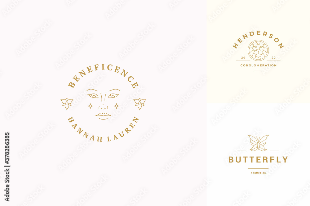 Vector line logos emblems design templates set - female face and butterfly illustrations