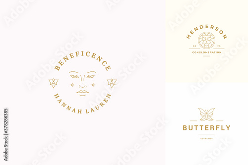 Vector line logos emblems design templates set - female face and butterfly illustrations