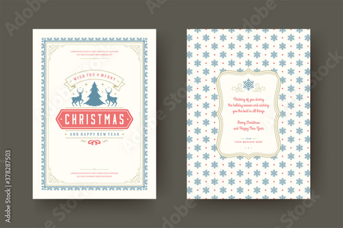 Christmas greeting card vintage typographic design, ornate decorations symbols with tree, winter holidays wish