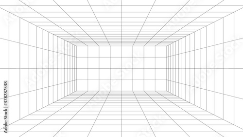 Empty futuristic digital box room white background with black grid space line color surface. Network cyber technology. banner, cover, terrain, sci-fi, wireframe, and related to background.