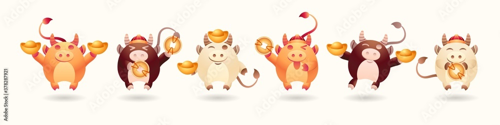 Fototapeta premium Set of cartoon ox with traditional Chinese element of wealth and prosperity. Chinese New Year, the year of the ox. Collection of 2021 year mascot with gold coins and ingot. Vector stock illustration