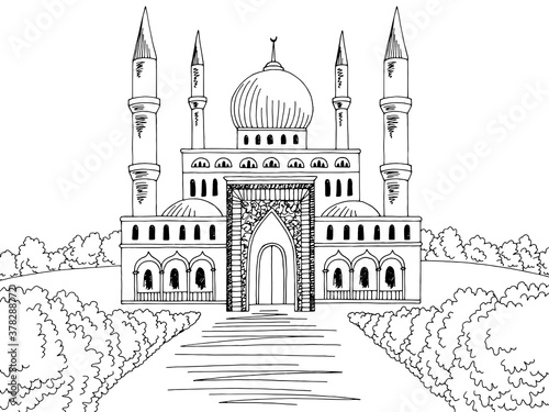 Mosque exterior graphic black white sketch illustration vector