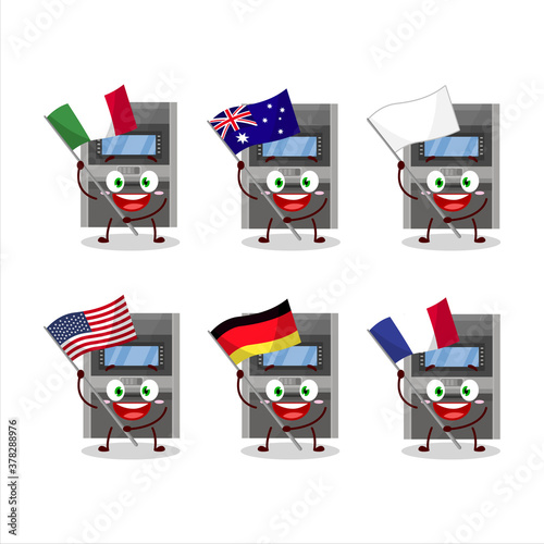 Atm machine cartoon character bring the flags of various countries