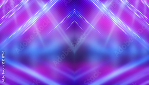 Background empty show scene. Ultraviolet dark abstract background. Geometric neon shapes, neon glow, blue and pink lighting © MiaStendal