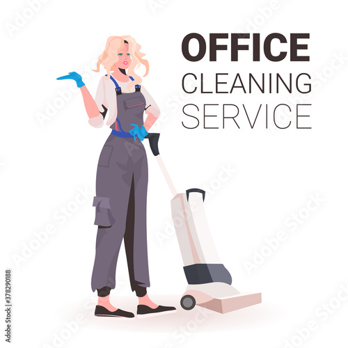 female professional office cleaner woman janitor in uniform with cleaning equipment full length copy space vector illustration
