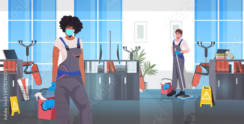 professional cleaners team mix race janitors with cleaning equipment working together office interior full length horizontal vector illustration