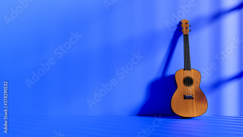 Ukulele on blue wall and window light. Minimal idea concept, 3D Render.