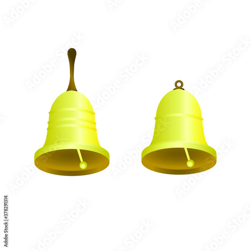 Two Golden bells, a pen and a bow ring isolated on a white background, vector illustration.