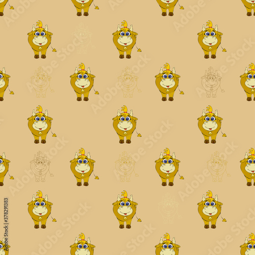 Seamless pattern with a cute horned animal - a cow with a haircut and a bell on the neck on a beige background. Symbol of 2021. Color and outline drawing. Vector. For design, packaging and decoration.