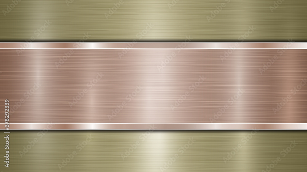 Background consisting of a golden shiny metallic surface and one horizontal polished bronze plate located centrally, with a metal texture, glares and burnished edges - obrazy, fototapety, plakaty 