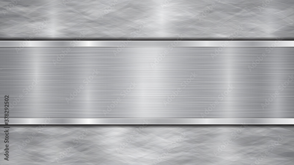 Background in silver and gray colors, consisting of a shiny metallic surface and one horizontal polished plate located centrally, with a metal texture, glares and burnished edges Background in silver and gray colors, consisting of a shiny metallic surface and one horizontal polished plate located centrally, with a metal texture, glares and burnished edges