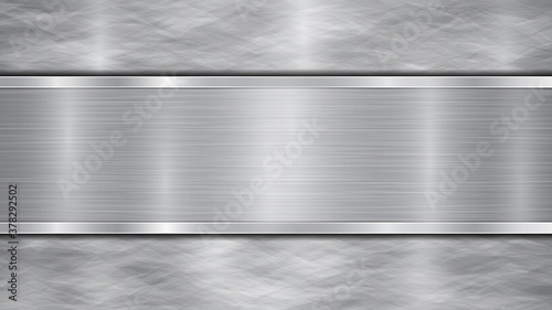 Background in silver and gray colors, consisting of a shiny metallic surface and one horizontal polished plate located centrally, with a metal texture, glares and burnished edges