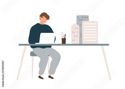 Male architect designer work on laptop with mini building models on table vector flat illustration. Man develop architectural design use digital technology isolated. Engineer create house project