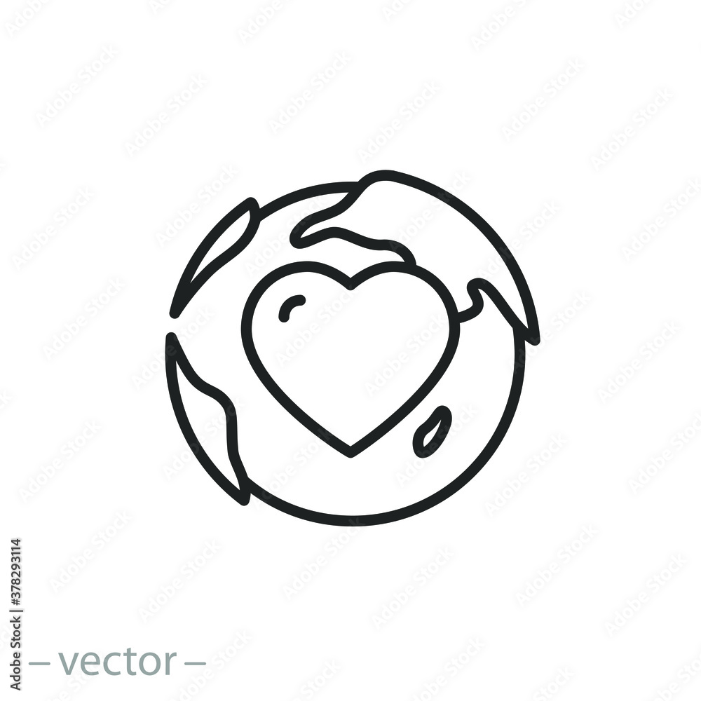 love world icon, globe with heart, planet earth care, thin line simple web symbol on white background love world icon, globe with heart, planet earth care, thin line simple web symbol on white background