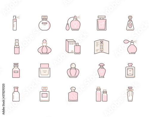Perfume bottles line icons. Vector illustration included icon as glass sprayer, luxury parfum sampler, essential oil, cologne outline pictogram for cosmetic store. Pink color