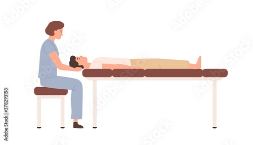 Female massagist or osteopath massaging neck area to male client vector flat illustration. Woman doctor or physiotherapist sitting on chair making massage to lying on couch man isolated on white
