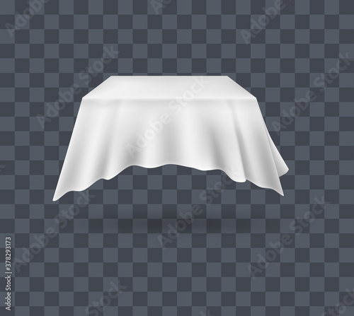 Draped table covers. Big realistic hanging napkin, tablecloth, curtain. White silk cloth covered tablecloth, fabric curtain secret hidden table. Realistic vector