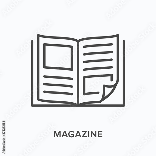 Magazine flat line icon. Vector outline illustration of news brochure, catalog page. Latest press thin linear pictogram photo