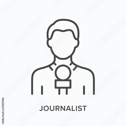 Journalist holding microphone flat line icon. Vector outline illustration of news. Live broadcast thin linear pictogram