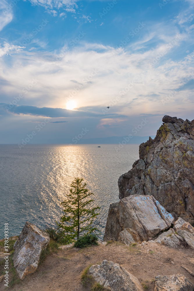 A sacred cape Burkhan at sunset. Olkhon Island, Baikal lake.