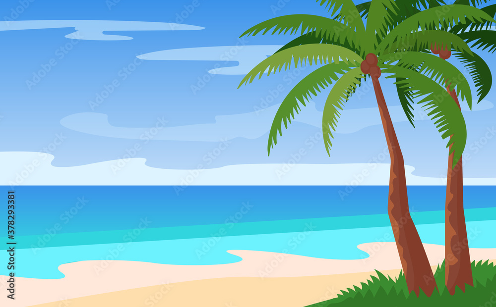 Cartoon landscape of empty island, beautiful beach overlooking the sea, palms, scorching sun. Bright landscape summer background beautiful nature.