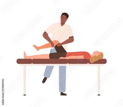Dark skin male chiropractor making rehabilitation massage of legs to female patient vector flat illustration. Doctor or osteopath practicing alternative medical treatment work with client isolated