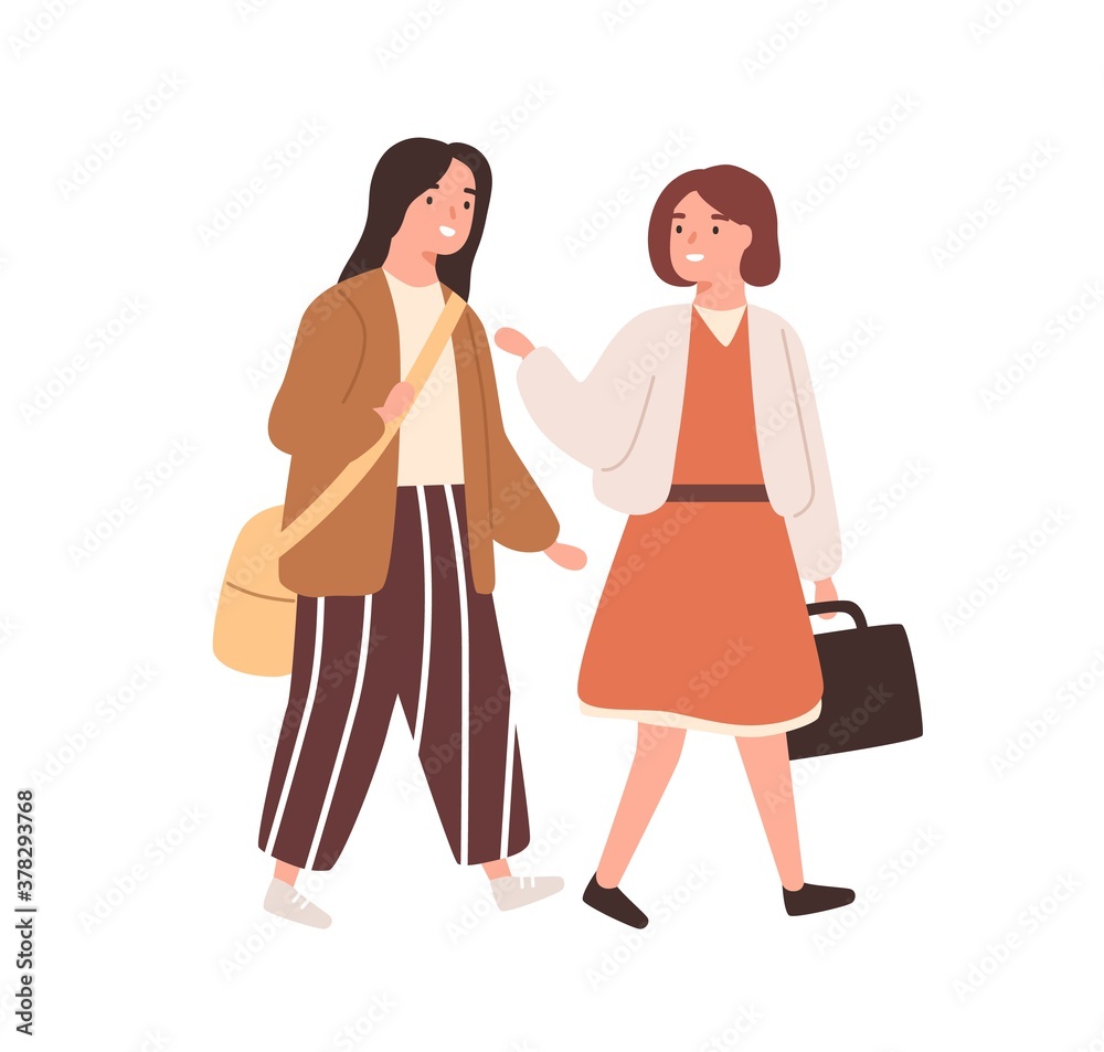 Two schoolgirl with bags going to primary school together vector flat illustration. Female classmates talking and smiling hurry to lesson isolated. Cheerful girls pupils enjoy friendly conversation Two schoolgirl with bags going to primary school together vector flat illustration. Female classmates talking and smiling hurry to lesson isolated. Cheerful girls pupils enjoy friendly conversation