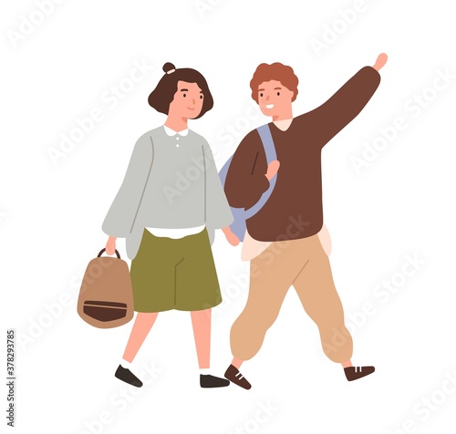 Cute classmates hurry to primary school together vector flat illustration. Smiling pupils or students carry backpack or schoolbag going to lesson isolated. Boy and girl friends walking and talking
