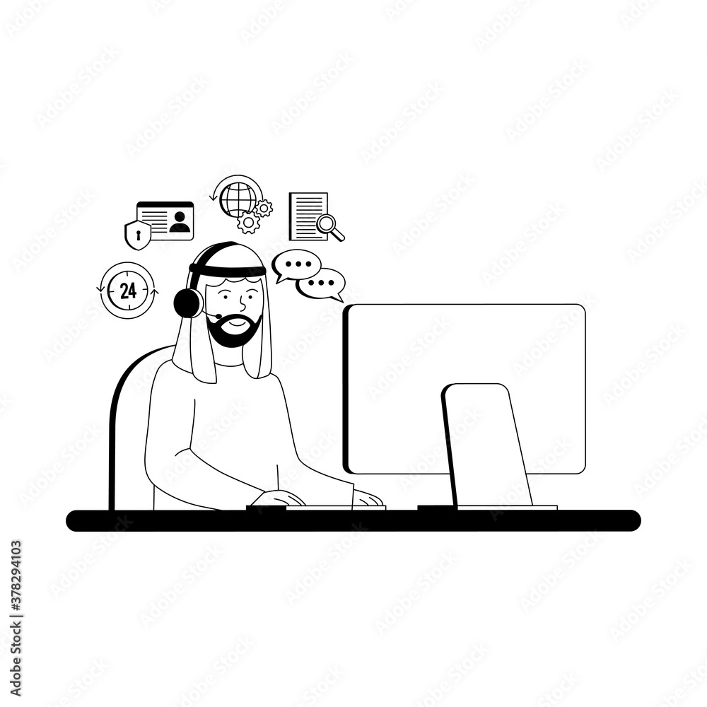 Arabian Man Work as Call Center or Customer Service Flat Outline Illustration