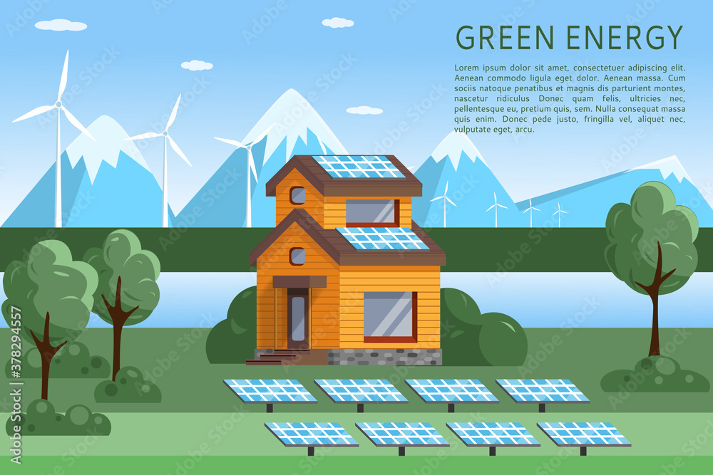 The concept of green renewable energy. Landscape with a modern eco-house, solar panels and wind turbines. Flat style vector illustration.