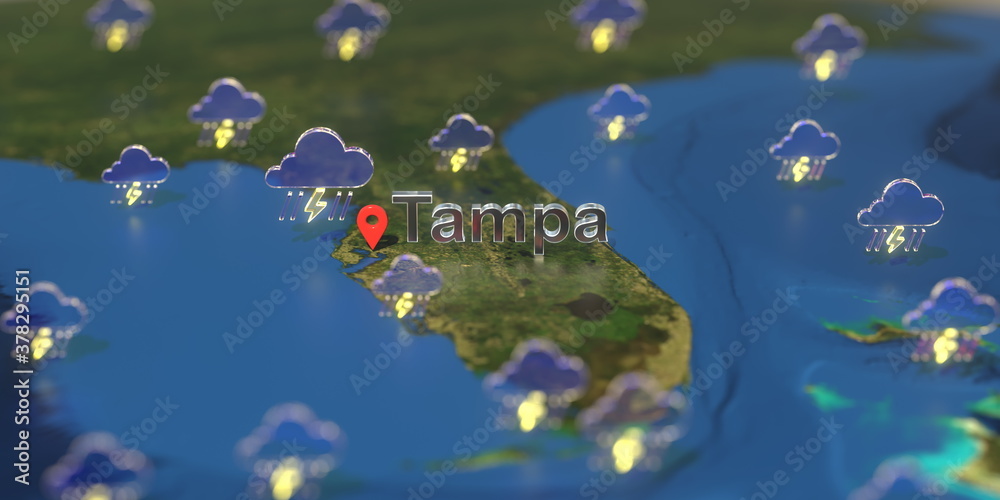 Tampa city and stormy weather icon on the map, weather forecast related 3D rendering Tampa city and stormy weather icon on the map, weather forecast related 3D rendering