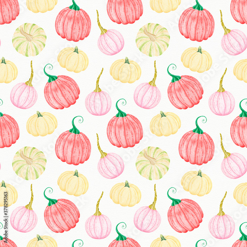Pumpkin Seamless watercolor pattern of different shapes of pastel colors. Perfect for thanksgiving cards or wrapping paper, halloween design. Background with old paper texture. 