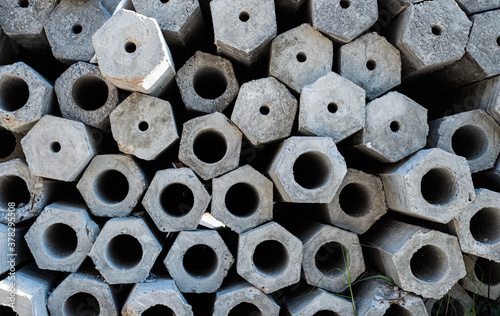 Close up cross-sectional area of stacked of concrete pile stake