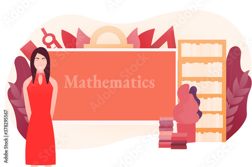 Woman teacher explaining math lesson in school, colleage or university, algebra and geometry e-learning course, webinar on website, horisontal vector illustration