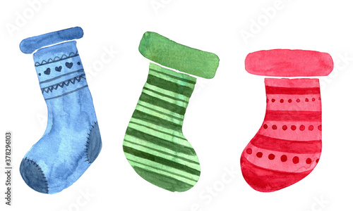 Watercolour colourful socks for presents. Christmas watercolor socks for Christmas design