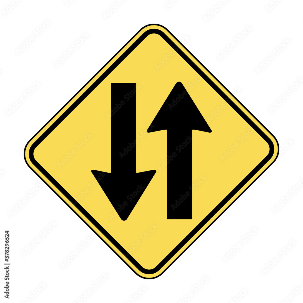 Two way traffic ahead road sign. Vector illustration of yellow diamond shaped warning traffic sign with two arrows inside. Caution one-way street or highway will end. Information for drivers. Two way traffic ahead road sign. Vector illustration of yellow diamond shaped warning traffic sign with two arrows inside. Caution one-way street or highway will end. Information for drivers.