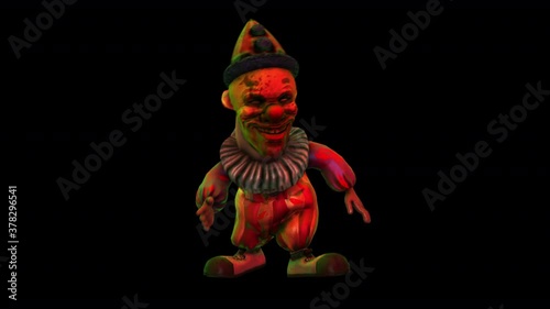 Seamless animation of a horror clown running with knives with alpha channel. Scary background circus themed visual for Halloween. photo