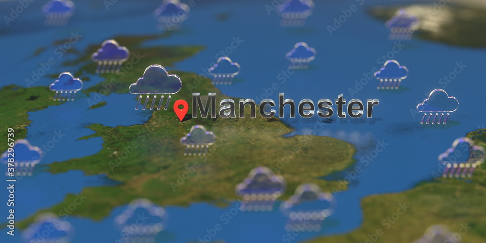 Rainy weather icons near Manchester city on the map, weather forecast related 3D rendering Rainy weather icons near Manchester city on the map, weather forecast related 3D rendering