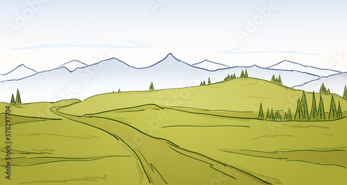 Vector illustration: Hand drawn Mountains landscape with road, pines and hills. Line design