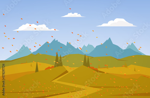 Autumn Mountains landscape with road, pine, hills.